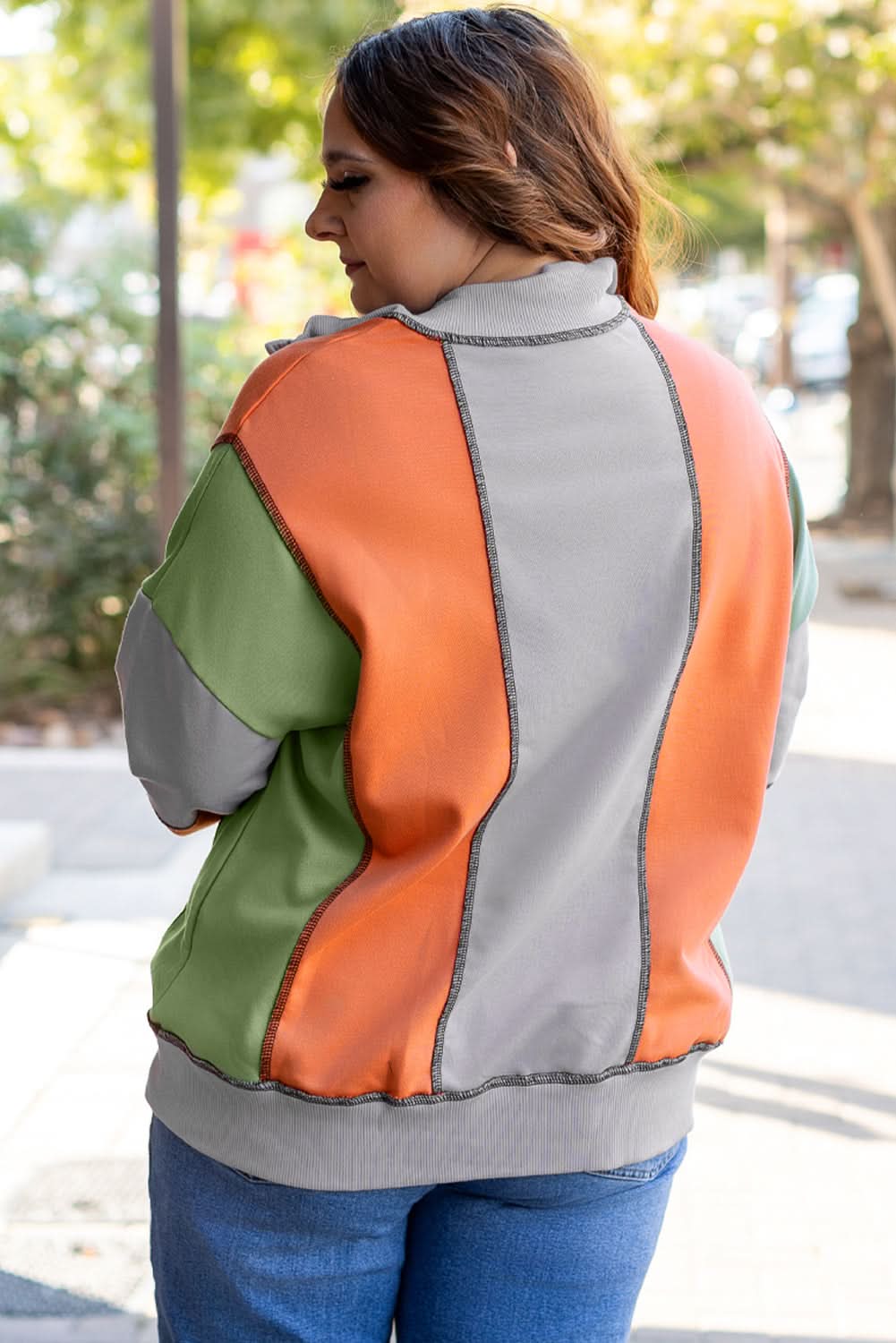 Light Grey Color Block Stitching Detail Half Zipper Sweatshirt - Love Salve